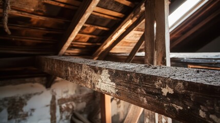 Obraz premium Old wooden beams supporting the roof structure in an attic space needing restoration