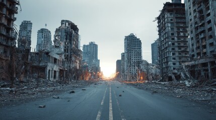 Stunning photo of empty street of burnt up city. Apocalyptic view of city downtown as disaster film poster concept. City destroyed by war.