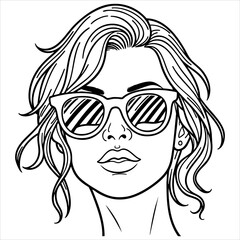 Woman with sunglasses wavy hair minimalist style black lines on a white background