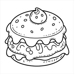 A black and white cartoon drawing of a multilayered food item with decorative frosting and toppings
