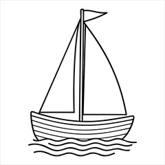 A sailboat is depicted with a triangular sail mast and hull over wavy lines