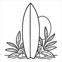 A surfboard stands amidst tropical plants with a sun in the backdrop drawn in a simple bold outline style