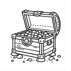 An open treasure chest filled with round objects likely coins is drawn in a simple cartoon style