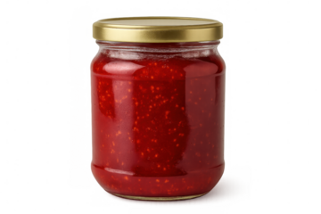 Homemade raspberry jam filling glass jar with golden lid, showcasing deep crimson color against clean white backdrop