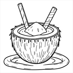 Line art drawing of a coconut drink with straws on a saucer