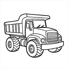 Fototapeta premium Line art of a dump truck with large tires front grill and empty bed against a white background