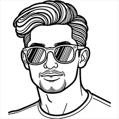 Line drawing of a man with wavy hair and sunglasses featuring a beard and tshirt neckline