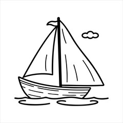 Line drawing of a sailboat on wavy water with a small cloud in the background