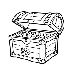 Open treasure chest brimming with gold coins skull and crossbones design