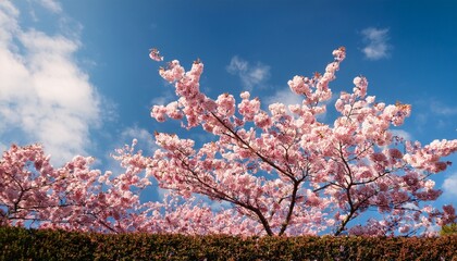 a tree with pink blossoms is in the foreground of a blue sky
