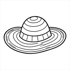 Outlined straw hat with a rounded crown and a wide brim illustrated in black lines against a white background