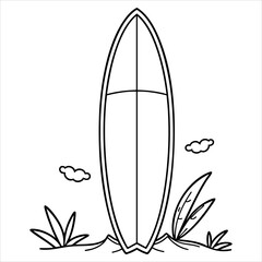 Surfboard stands on sand near plants clouds above