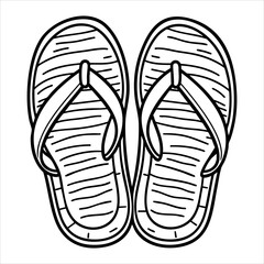 Two flipflops with striped insoles and strap details sit adjacent outlined in black