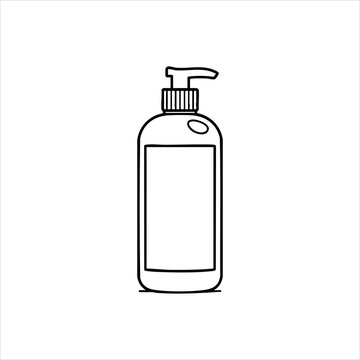 Line drawing of a lotion or soap bottle with pump featuring a label area on the body