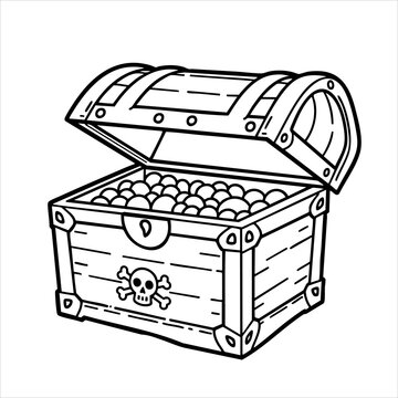 Open treasure chest brimming with gold coins skull and crossbones design