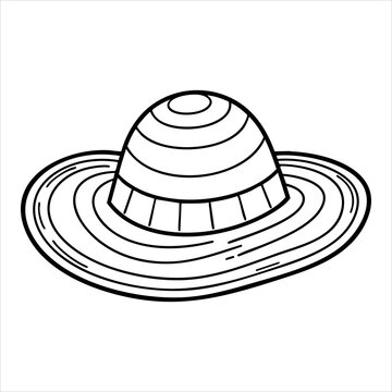 Outlined straw hat with a rounded crown and a wide brim illustrated in black lines against a white background