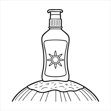 Sunscreen bottle with sun graphic on sand