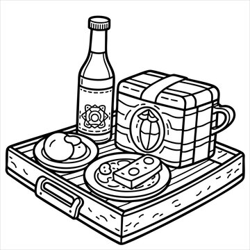 Tray holds a bottle lidded container eggs toast  pastries