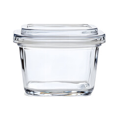 Transparent glass container with a lid, ideal for food storage or preservation. Clear and simple design.