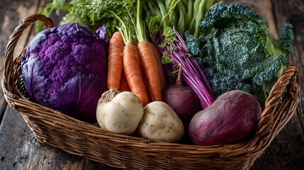 Vibrant Purple Cauliflower Red Cabbage Carrots Beets Fresh Organic Vegetables Basket Healthy Food Rustic Wooden Background Still Life Photography Image farm diet roots leafy plant