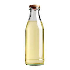 Glass bottle filled with clear, golden liquid, sealed with a cork, on a contrasting black background.