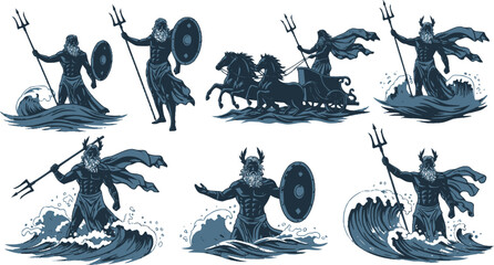 Greek Mythic Sea God Poseidon Silhouette Vector Illustration Set
