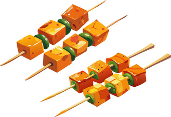 Paneer tikka served on skewers with bell peppers, white background