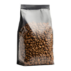 Dog food bag filled with kibble in a clear package, revealing the uniform, brown food pellets inside.