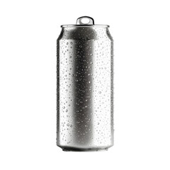 Chilled beverage can with condensation, isolated on black background, showcasing refreshment and simplicity.