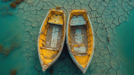Two Yellow Boats on Cracked Earth and Blue Water, Aerial View.