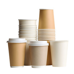 Assortment of disposable cups, including stacks of nested and individual paper cups of various sizes.