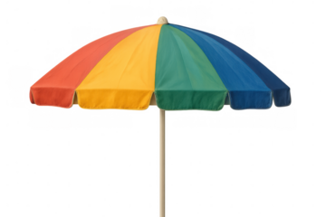 Colorful rainbow beach umbrella providing shade, blocking sunlight on transparent backdrop, representing summer relaxation and vacation vibes