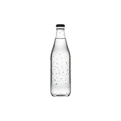 Reusable glass water bottle with bubbles inside, standing upright on white background