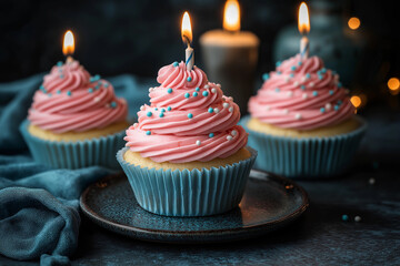 A delicious dessert with cupcakes and candles for a special birthday.