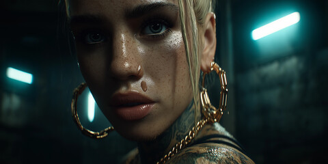 Woman portrait with gold earrings, tattoos, and a captivating gaze