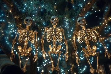 Three Illuminated Skeletons with Festive String Lights at Night