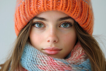 A beautiful young woman with bright blue eyes bundled up in winter clothing.