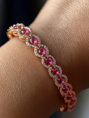 Elegant rose gold bracelet with sparkling pink gemstones on a woman's wrist, creating a stylish display.