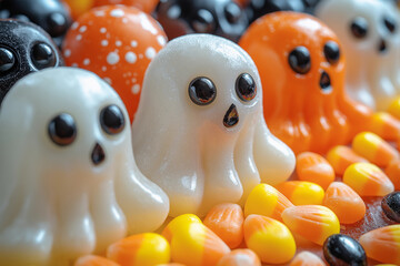 A vibrant image of Halloween candy ghosts and colorful candy corn.