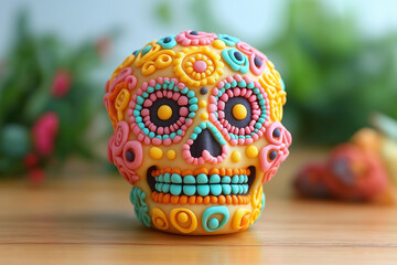 A colorful sugar skull sits on a wooden surface, ready for the Day of the Dead.