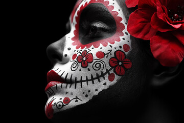 A woman is depicted in profile with elaborate sugar skull face paint.