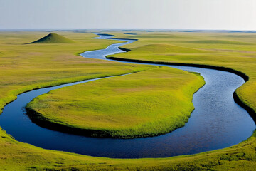 A serene river meanders through lush green fields on a sunny day.