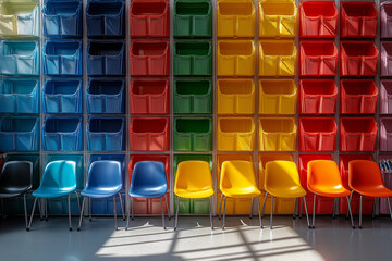 Colorful chairs and storage bins create a vibrant and organized space.