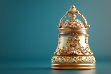 A detailed shot of a golden bell with intricate ornamentation against a teal background.