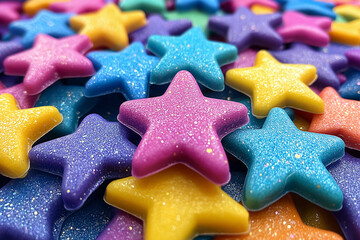 Close-up shot of colorful glittery star shapes.