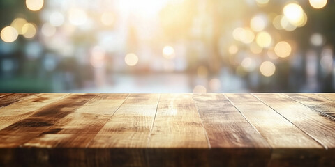 Empty wooden table with a blurred light-filled background, ideal for product placement or design mockups
