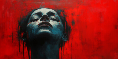 An emotional portrait of a woman, captured in blue tones against a striking red canvas.