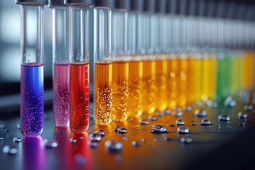 Close-up of colorful test tubes with various liquids and droplets