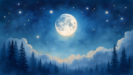 Bright full moon glowing above pine trees in a magical night landscape.