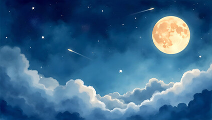 Golden full moon floating above soft clouds and shooting stars in a magical night sky.